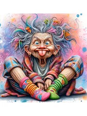 Funny Old Lady Diamond Painting Colorful Hair Sticking Out Tongue